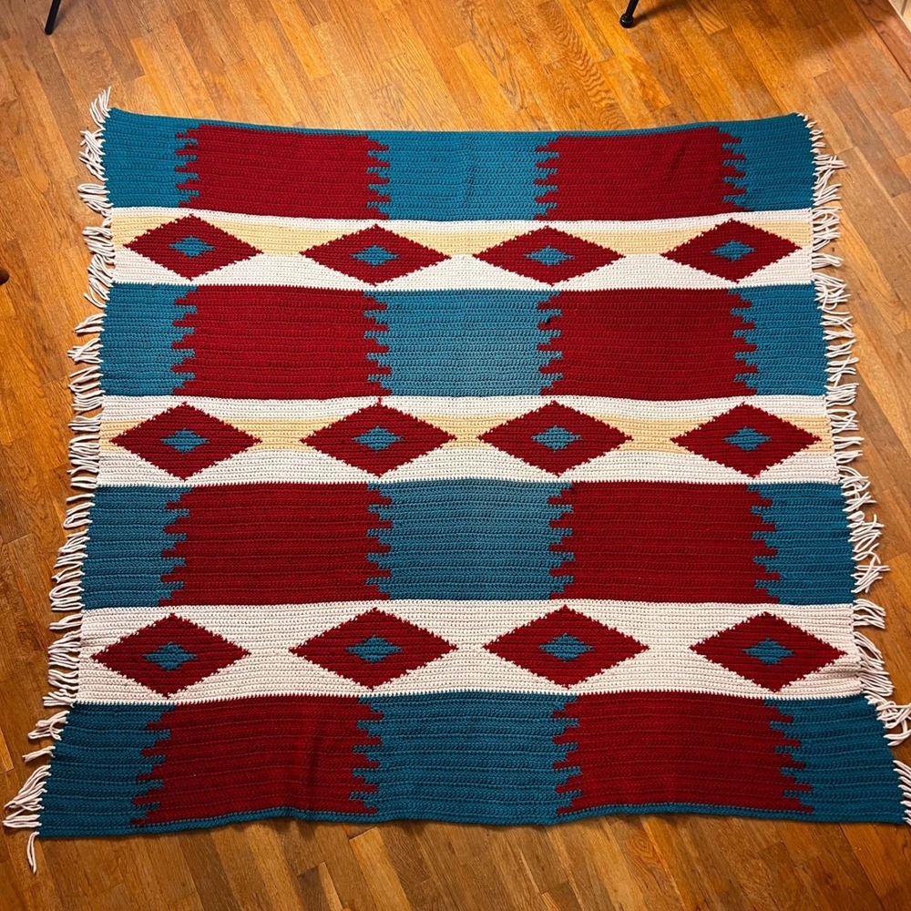 VTG Handmade Crochet Southwestern Diamond Afghan‎ Throw Blanket Teal Burgundy